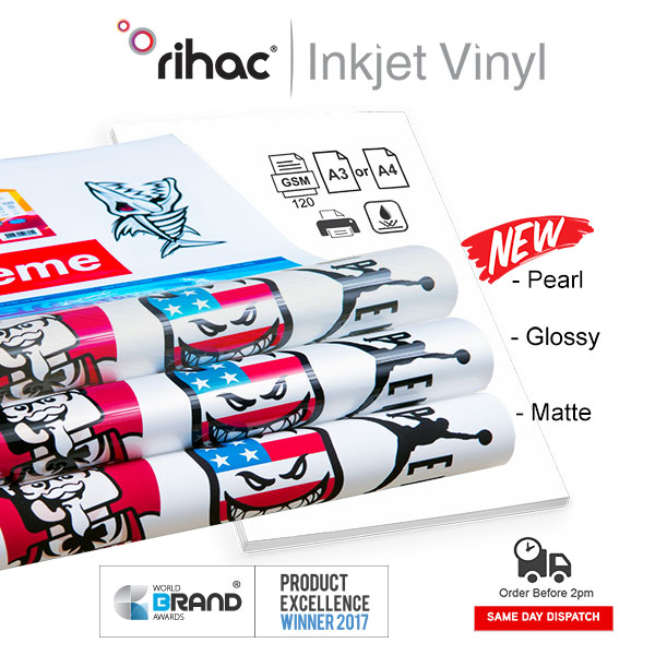 Inkjet printable vinyl sticker A4 A3 for inkjet printers by rihac in Matte Gloss or Pearl white finish